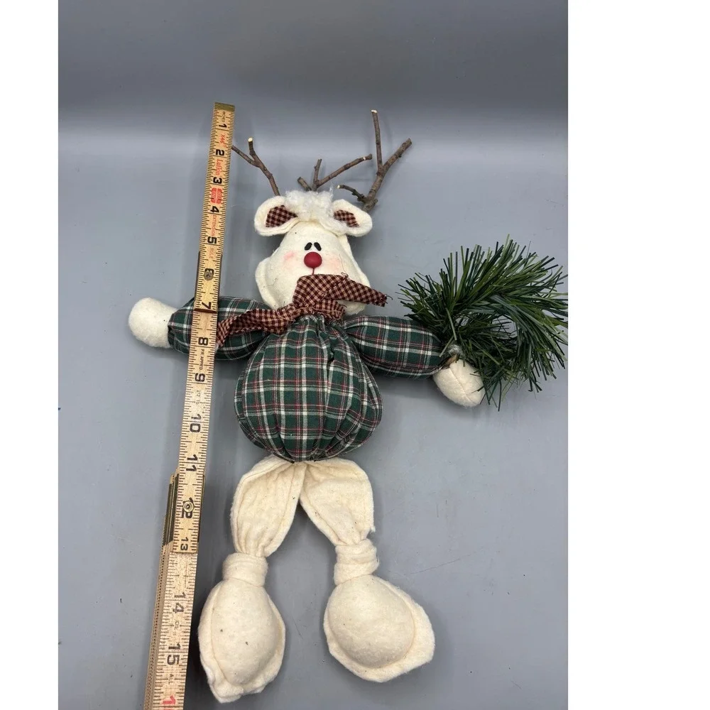 Primitive 90s Christmas Reindeer Plush Twig Antlers Holiday Decor 15 inch